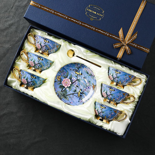 Unique British Tea Cup and Saucer in Gift Box, Blue Bird and Butterfly Bone China Porcelain Tea Cup Set, Elegant British Ceramic Coffee Cups-Paintingforhome