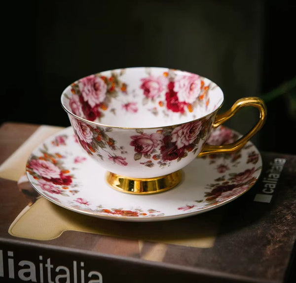 Unique Royal Coffee Cup and Saucer, Elegant Flower Ceramic Cups, Creative Bone China Porcelain Tea Cup Set, Beautiful British Tea Cups-Paintingforhome