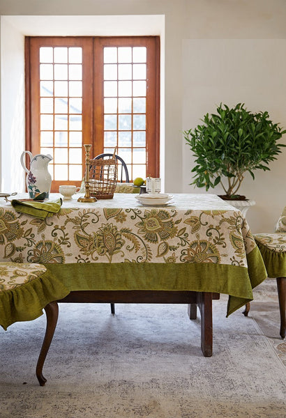 Long Rectangular Tablecloth for Round Table, Extra Large Modern Tablecloth Ideas for Dining Room Table, Green Flower Pattern Table Cover for Kitchen, Outdoor Picnic Tablecloth-Paintingforhome