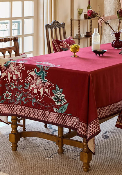 Farmhouse Table Cloth, Dining Room Flower Table Cloths, Extra Large Rectangular Table Covers for Kitchen, Wedding Tablecloth, Red Square Tablecloth for Round Table-Paintingforhome