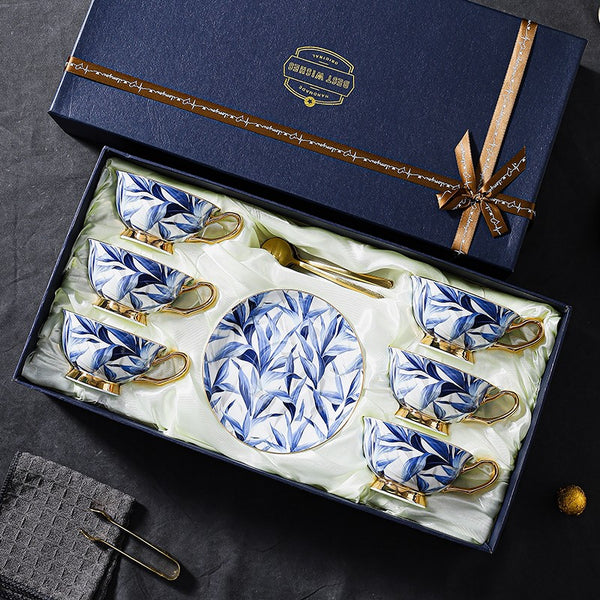 Blue Bone China Porcelain Tea Cup Set, Elegant British Ceramic Coffee Cups, Unique British Tea Cup and Saucer in Gift Box-Paintingforhome