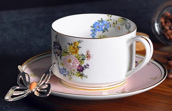 Beautiful Flower British Tea Cups, Creative Bone China Porcelain Tea Cup Set, Elegant Flower Ceramic Cups, Unique Royal Coffee Cup and Saucer-Paintingforhome