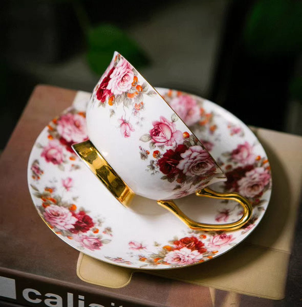 Unique Royal Coffee Cup and Saucer, Elegant Flower Ceramic Cups, Creative Bone China Porcelain Tea Cup Set, Beautiful British Tea Cups-Paintingforhome