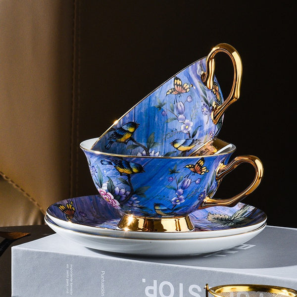 Unique British Tea Cup and Saucer in Gift Box, Blue Bird and Butterfly Bone China Porcelain Tea Cup Set, Elegant British Ceramic Coffee Cups-Paintingforhome