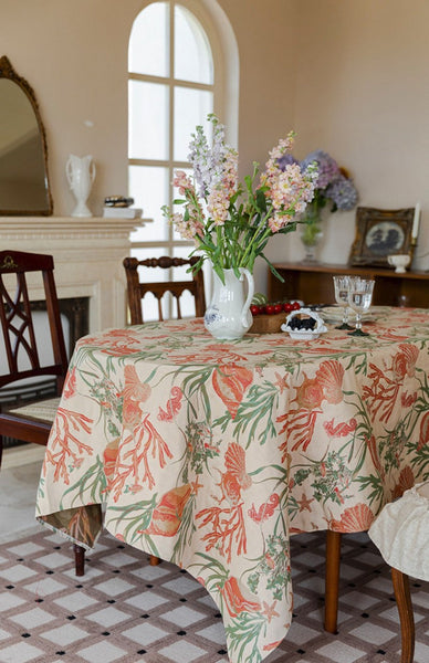 Sea Shell Pattern Tablecloth, Large Modern Rectangle Tablecloth for Dining Room Table, Square Tablecloth, Farmhouse Table Cloth, Wedding Tablecloth-Paintingforhome