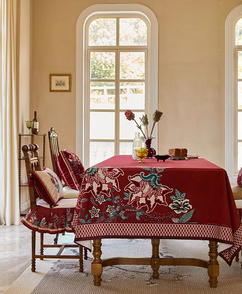 Farmhouse Table Cloth, Dining Room Flower Table Cloths, Extra Large Rectangular Table Covers for Kitchen, Wedding Tablecloth, Red Square Tablecloth for Round Table-Paintingforhome