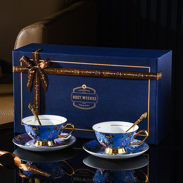 Unique British Tea Cup and Saucer in Gift Box, Blue Bird and Butterfly Bone China Porcelain Tea Cup Set, Elegant British Ceramic Coffee Cups-Paintingforhome