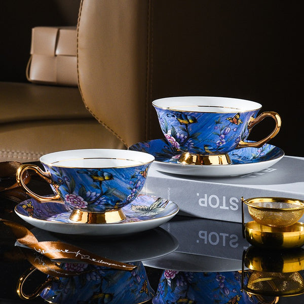 Unique British Tea Cup and Saucer in Gift Box, Blue Bird and Butterfly Bone China Porcelain Tea Cup Set, Elegant British Ceramic Coffee Cups-Paintingforhome