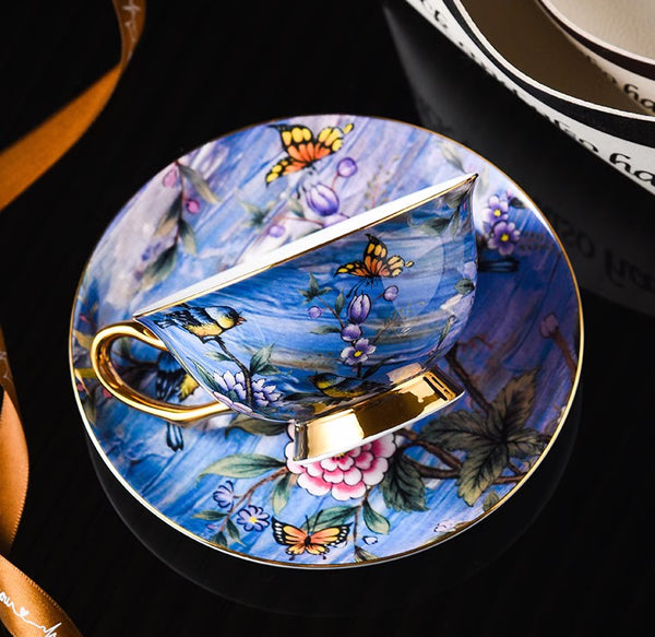 Unique British Tea Cup and Saucer in Gift Box, Blue Bird and Butterfly Bone China Porcelain Tea Cup Set, Elegant British Ceramic Coffee Cups-Paintingforhome