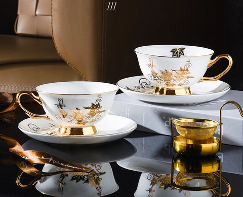 Golden Leaves and Grapes Bone China Porcelain Tea Cup Set, Unique British Tea Cup and Saucer in Gift Box, Elegant British Ceramic Coffee Cups-Paintingforhome