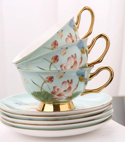 Lotus Flower Bone China Porcelain Tea Cup Set, Unique British Tea Cup and Saucer in Gift Box, Elegant British Ceramic Coffee Cups-Paintingforhome