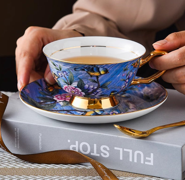 Unique British Tea Cup and Saucer in Gift Box, Blue Bird and Butterfly Bone China Porcelain Tea Cup Set, Elegant British Ceramic Coffee Cups-Paintingforhome