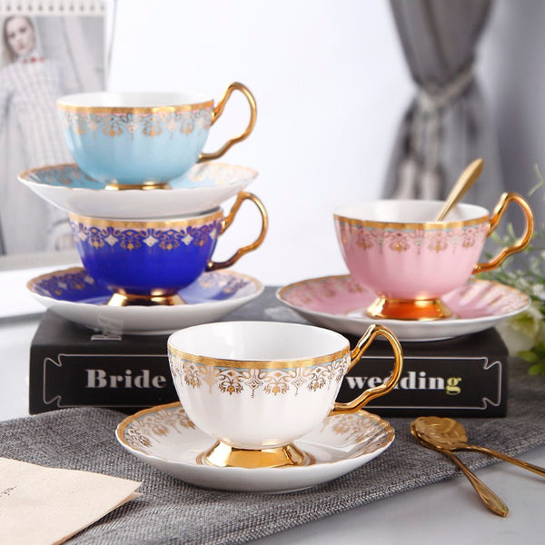 Pink Blue White Bone China Porcelain Tea Cup Set, Unique British Tea Cup and Saucer in Gift Box, Elegant British Ceramic Coffee Cups for Afternoon Tea-Paintingforhome