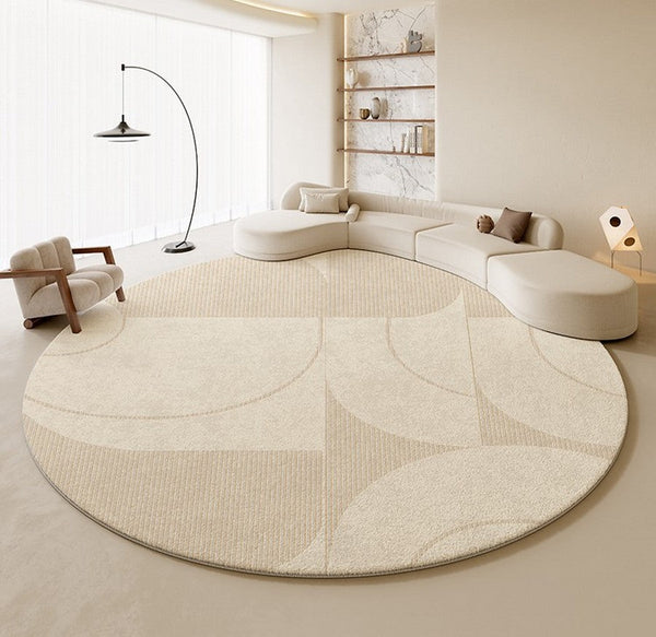 Geometric Circular Rugs for Dining Room, Cream Color Contemporary Modern Rugs, Modern Rugs under Coffee Table, Abstract Modern Round Rugs for Bedroom-Paintingforhome