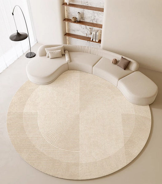 Dining Room Modern Rugs, Cream Color Round Rugs under Coffee Table, Large Modern Rugs in Living Room, Contemporary Circular Rugs in Bedroom-Paintingforhome