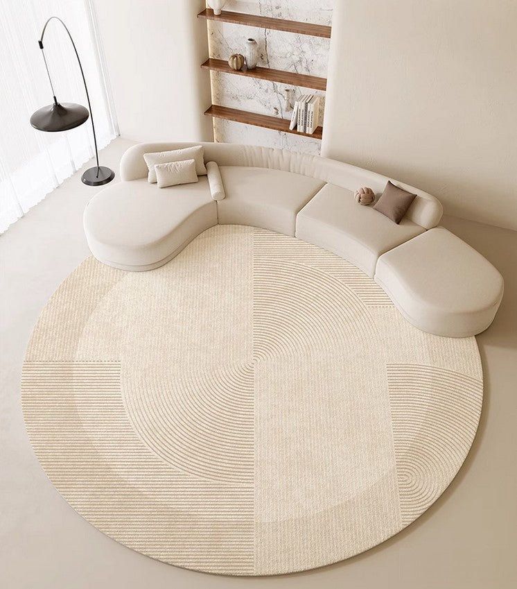 Large Modern Rugs in Living Room, Dining Room Modern Rugs, Cream Color Round Rugs under Coffee Table, Contemporary Circular Rugs in Bedroom-Paintingforhome