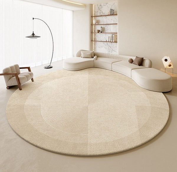 Large Modern Rugs in Living Room, Dining Room Modern Rugs, Cream Color Round Rugs under Coffee Table, Contemporary Circular Rugs in Bedroom-Paintingforhome