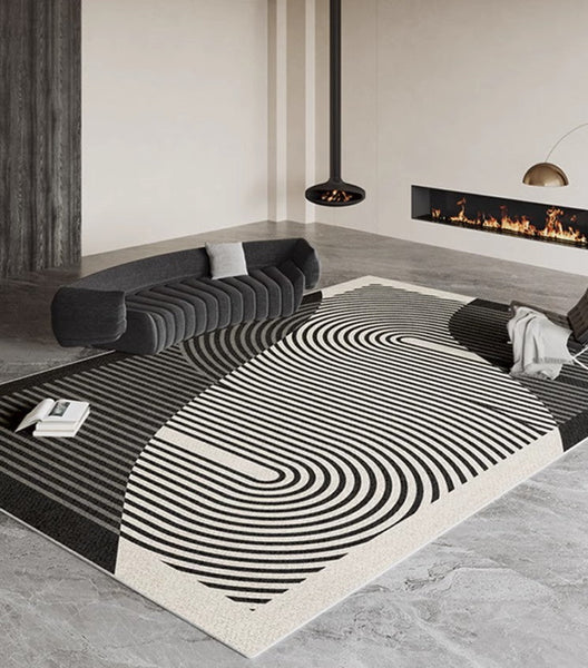 Geometric Contemporary Rugs Next to Bed, Black Stripe Contemporary Modern Rugs, Modern Rugs for Living Room, Modern Rugs for Dining Room-Paintingforhome