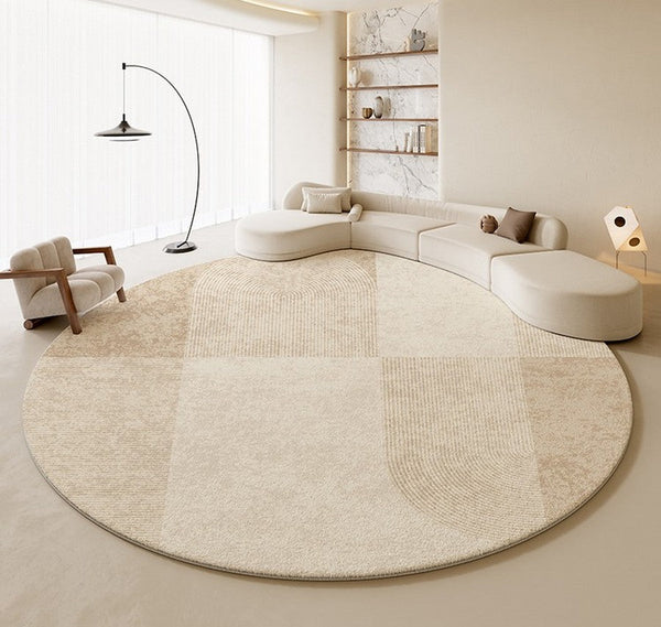 Abstract Contemporary Rugs for Bedroom, Modern Cream Color Rugs for Living Room, Modern Round Rugs under Coffee Table, Circular Rugs for Dining Table-Paintingforhome