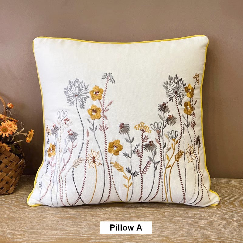 Simple Decorative Throw Pillows for Couch, Spring Flower Decorative Throw Pillows, Embroider Flower Cotton Pillow Covers, Farmhouse Sofa Decorative Pillows-Paintingforhome