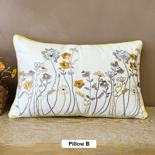 Simple Decorative Throw Pillows for Couch, Spring Flower Decorative Throw Pillows, Embroider Flower Cotton Pillow Covers, Farmhouse Sofa Decorative Pillows-Paintingforhome