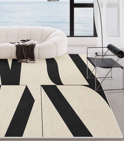 Ultra Modern Rugs for Living Room, Geometric Contemporary Rugs Next to Bed, Black Contemporary Modern Rugs, Modern Rugs for Dining Room-Paintingforhome