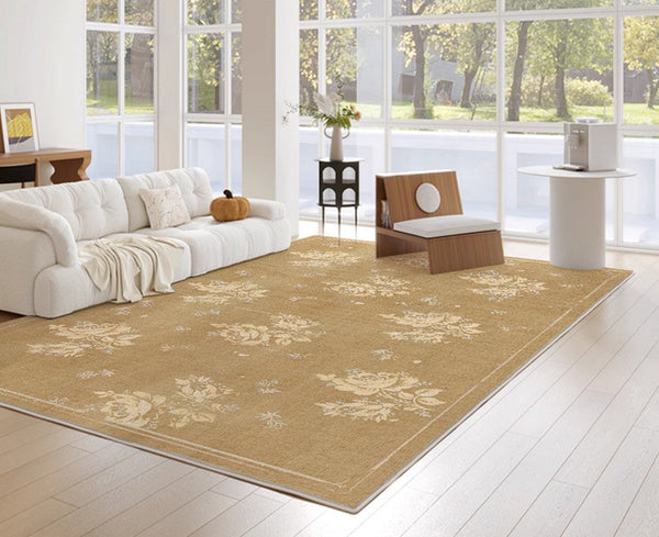 Flower Pattern French Style Modern Rugs for Dining Room, Contemporary Modern Rugs, Mid Century Modern Rugs for Interior Design, Yellow Soft Rugs under Coffee Table-Paintingforhome