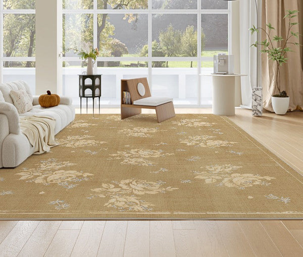 Flower Pattern French Style Modern Rugs for Dining Room, Contemporary Modern Rugs, Mid Century Modern Rugs for Interior Design, Yellow Soft Rugs under Coffee Table-Paintingforhome