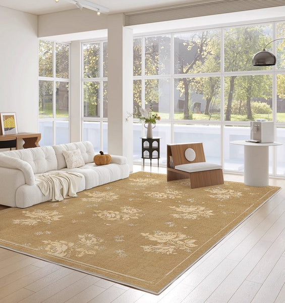 Flower Pattern French Style Modern Rugs for Dining Room, Contemporary Modern Rugs, Mid Century Modern Rugs for Interior Design, Yellow Soft Rugs under Coffee Table-Paintingforhome