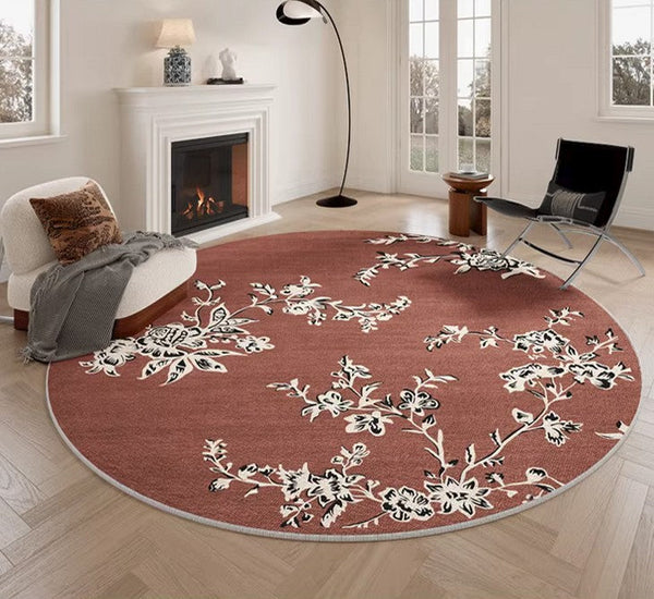 Abstract Contemporary Round Rugs, Modern Rugs for Dining Room, Flower Pattern Modern Rugs for Bathroom, Circular Modern Rugs under Coffee Table-Paintingforhome