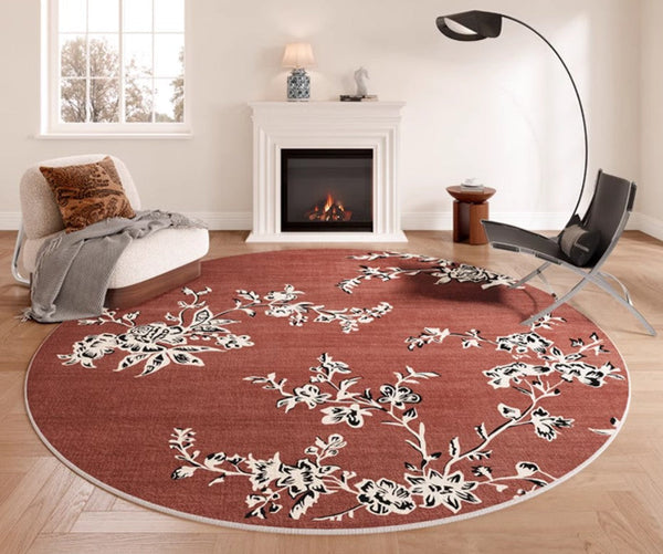 Abstract Contemporary Round Rugs, Modern Rugs for Dining Room, Flower Pattern Modern Rugs for Bathroom, Circular Modern Rugs under Coffee Table-Paintingforhome