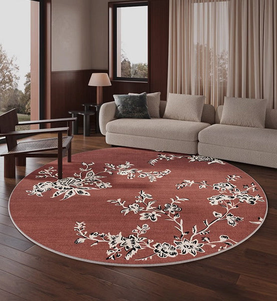 Abstract Contemporary Round Rugs, Modern Rugs for Dining Room, Flower Pattern Modern Rugs for Bathroom, Circular Modern Rugs under Coffee Table-Paintingforhome