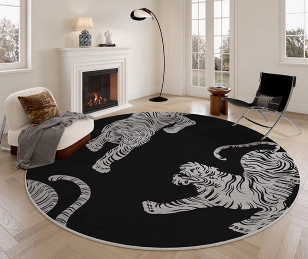 Modern Rugs for Dining Room, Tiger Black Modern Rugs for Bathroom, Abstract Contemporary Round Rugs, Circular Modern Rugs under Coffee Table-Paintingforhome