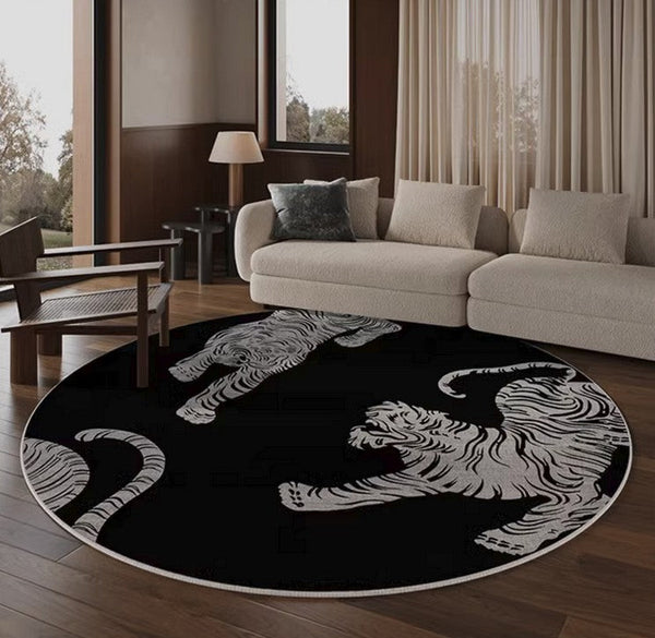 Modern Rugs for Dining Room, Tiger Black Modern Rugs for Bathroom, Abstract Contemporary Round Rugs, Circular Modern Rugs under Coffee Table-Paintingforhome