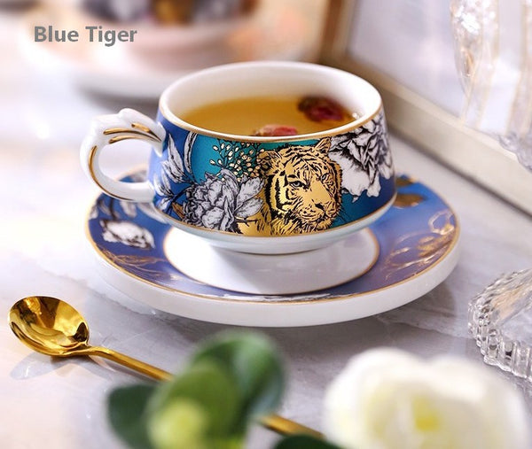 Unique Ceramic Cups with Gold Trim and Gift Box, Creative Ceramic Tea Cups and Saucers, Jungle Tiger Cheetah Porcelain Coffee Cups-Paintingforhome