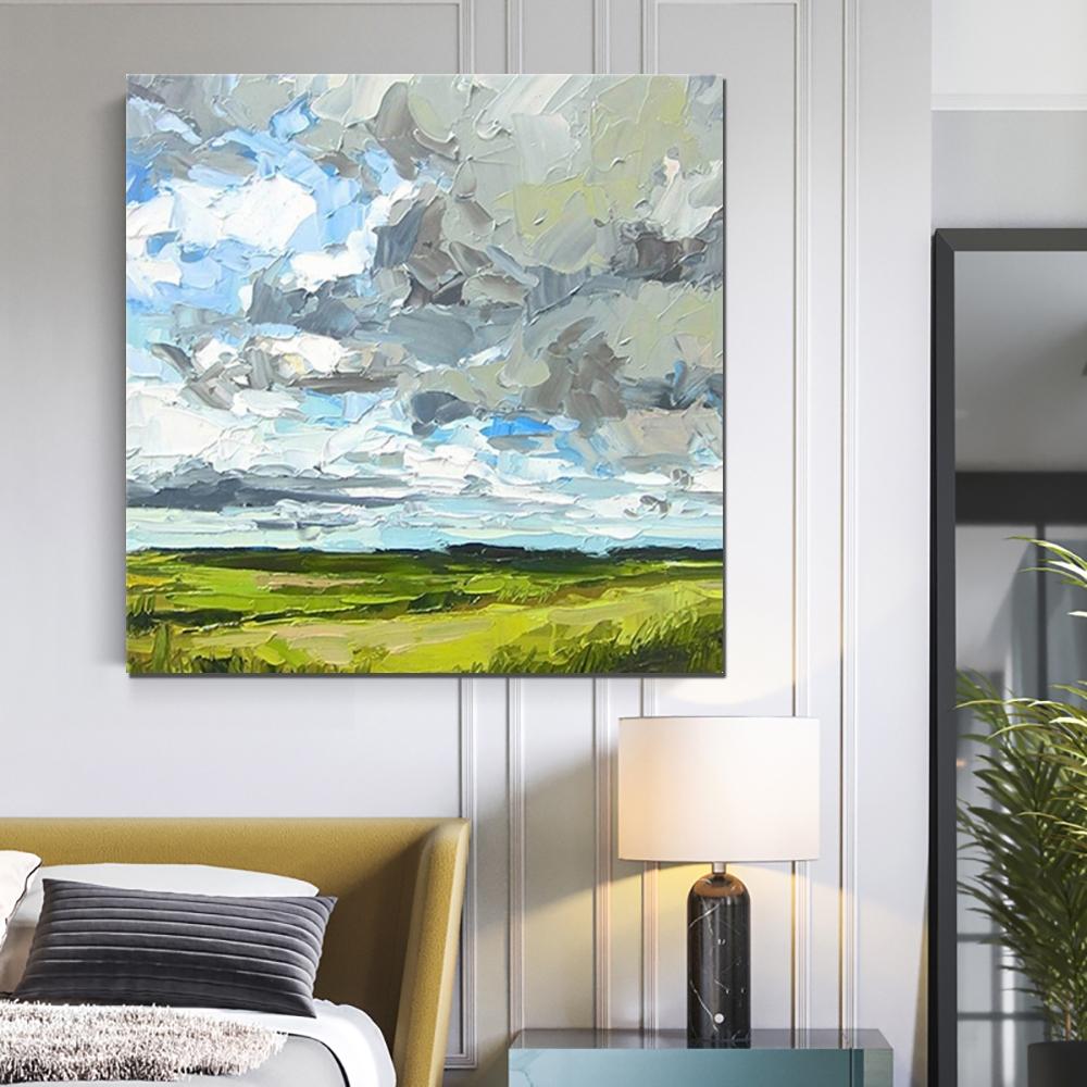 123 Acrylic landscape painting, abstract, canvas, impressionistic blue clouds deals farm, resin finish, Iowa landscape artwork gift original summe