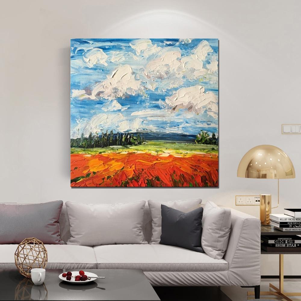 Abstract Landscape Painting, Landscape Paintings for Living Room, Red Poppy Field and Sky, Large Landscape Painting for Dining Room, Heavy Texture Painting-Paintingforhome