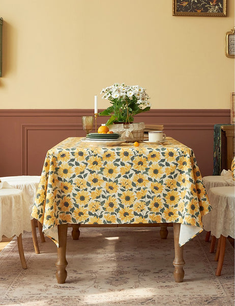 Modern Rectangle Tablecloth for Dining Room Table, Yellow Sunflower Pattern Farmhouse Table Cloth, Square Tablecloth for Round Table-Paintingforhome