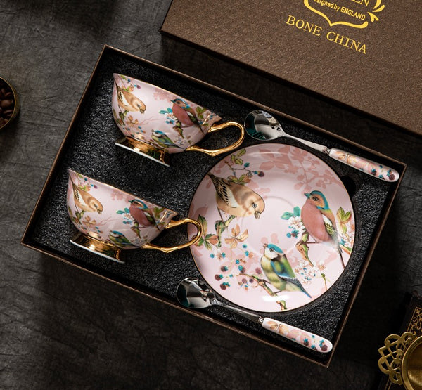 Unique Tea Cup and Saucer in Gift Box, Lovely Birds Ceramic Cups, Elegant Ceramic Coffee Cups, Afternoon Bone China Porcelain Tea Cup Set-Paintingforhome