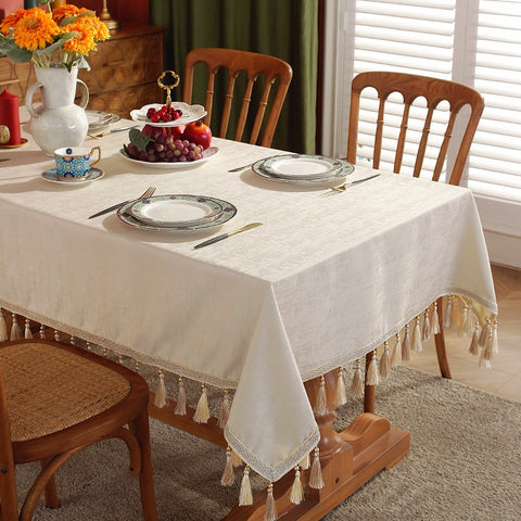 Modern Rectangle Tablecloth for Kitchen, Beige Fringes Tablecloth for Home Decoration, Square Tablecloth for Round Table, Large Simple Table Cloth for Dining Room Table-Paintingforhome