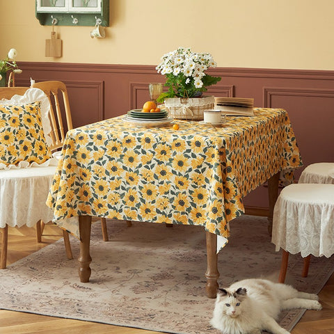 Modern Rectangle Tablecloth for Dining Room Table, Yellow Sunflower Pattern Farmhouse Table Cloth, Square Tablecloth for Round Table-Paintingforhome