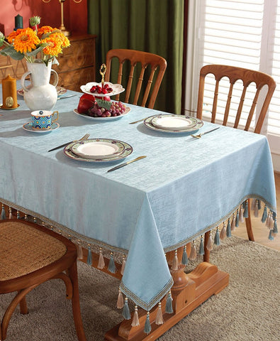 Light Blue Fringes Tablecloth for Home Decoration, Square Tablecloth for Round Table, Modern Rectangle Tablecloth, Large Simple Table Cloth for Dining Room Table-Paintingforhome