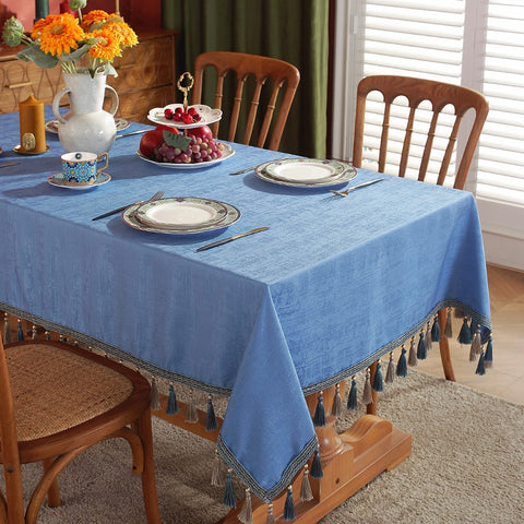 Modern Rectangle Tablecloth, Large Simple Table Cover for Dining Room Table, Square Tablecloth for Round Table, Blue Fringes Tablecloth for Home Decoration-Paintingforhome