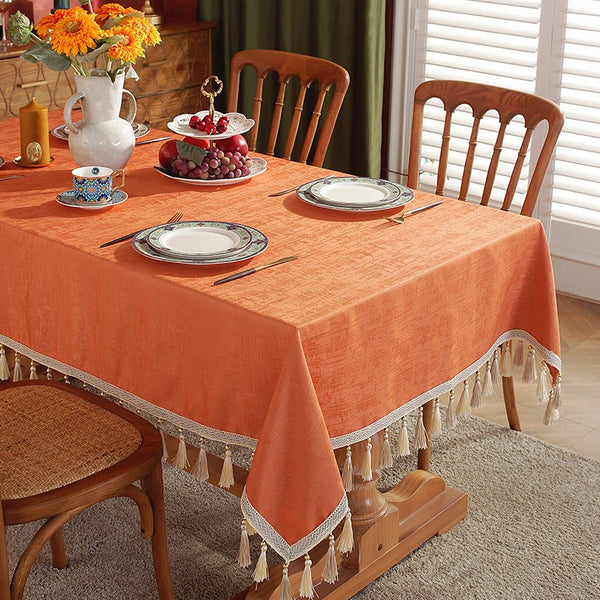 Modern Rectangle Tablecloth, Large Simple Table Cover for Dining Room Table, Orange Fringes Tablecloth for Home Decoration, Square Tablecloth for Round Table-Paintingforhome