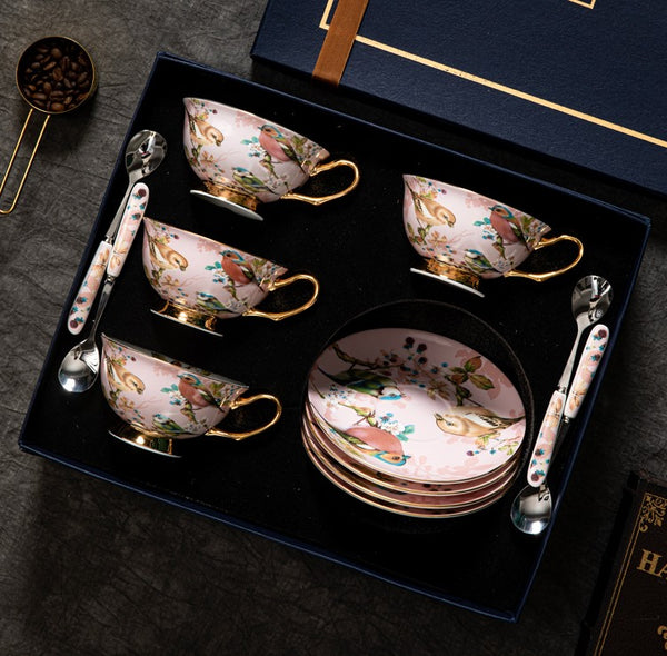 Unique Tea Cup and Saucer in Gift Box, Lovely Birds Ceramic Cups, Elegant Ceramic Coffee Cups, Afternoon Bone China Porcelain Tea Cup Set-Paintingforhome