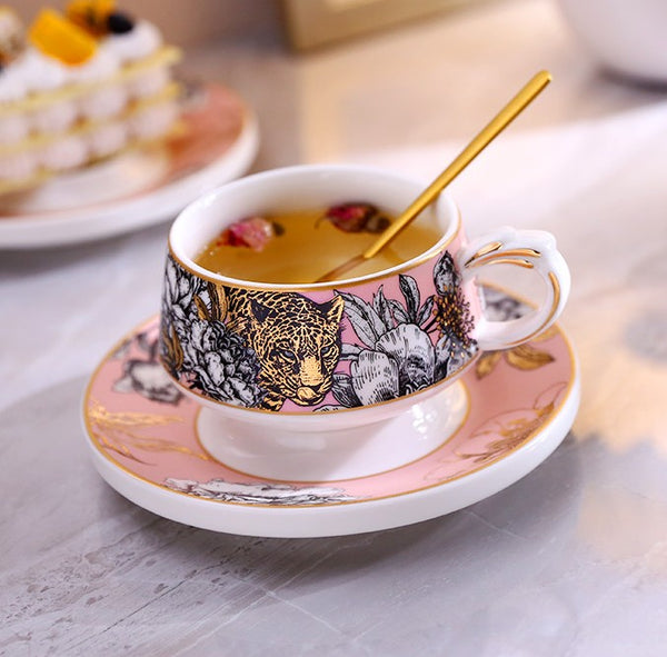 Unique Ceramic Cups with Gold Trim and Gift Box, Creative Ceramic Tea Cups and Saucers, Jungle Tiger Cheetah Porcelain Coffee Cups-Paintingforhome