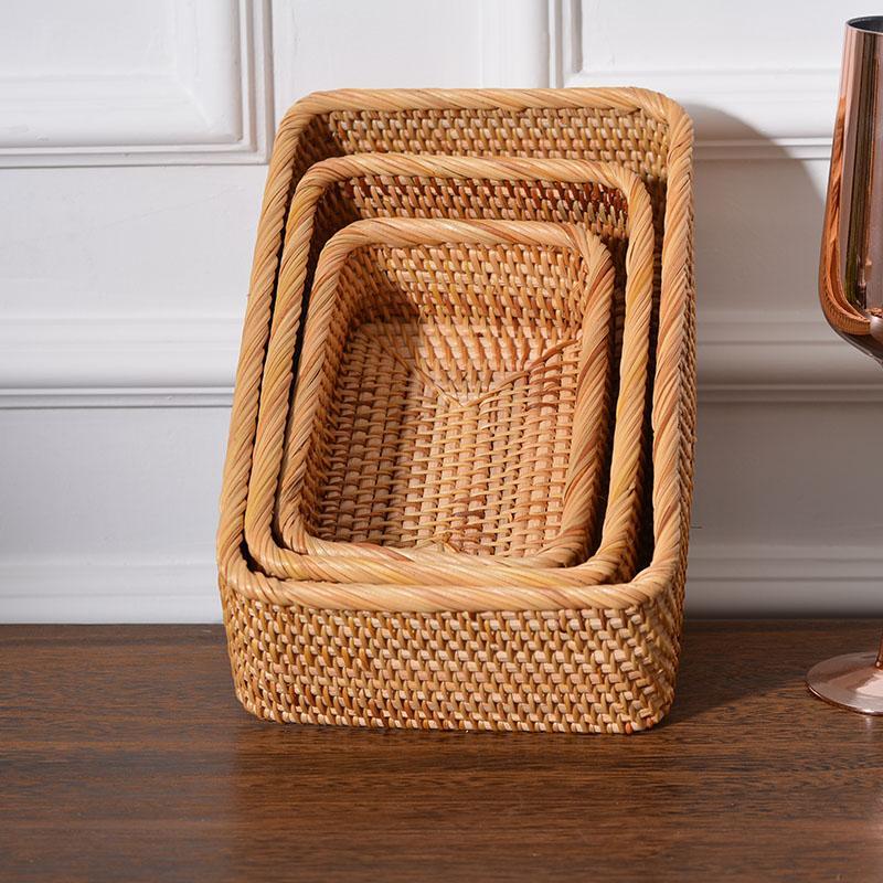 Hansimon Handmade Rectangle Woven Wood RattanTray With Lid and Hold Basket for outlet Home Cloth Bathroom Living Room Storage Housewarming Gift