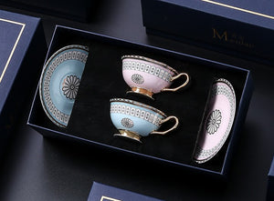 Royal Blue and Pink Bone China Porcelain Tea Cup Set, Tea Cups and Saucers in Gift Box, Elegant Ceramic Coffee Cups, Beautiful British Tea Cups-Paintingforhome