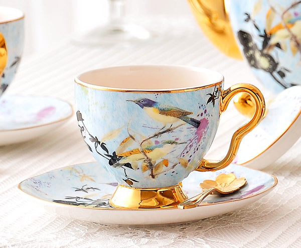 Unique Bird Flower Tea Cups and Saucers in Gift Box as Birthday Gift, Elegant Ceramic Coffee Cups, Afternoon British Tea Cups, Royal Bone China Porcelain Tea Cup Set-Paintingforhome