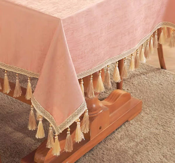 Pink Fringes Tablecloth for Home Decoration, Modern Rectangle Tablecloth, Large Simple Table Cover for Dining Room Table, Square Tablecloth for Round Table-Paintingforhome